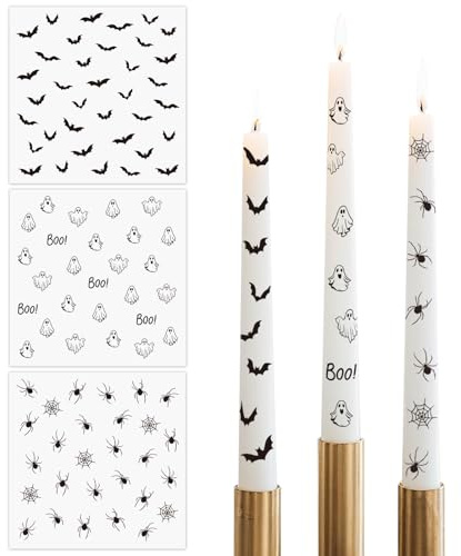 BETESSIN 3 Bögen Halloween Kerzen Tattoos – Wasserschiebefolie Kerzentattoos mit Geist, Spinne & Fledermaus Motiven – Rub on Sticker für Halloween Deko Innen (15x15cm)