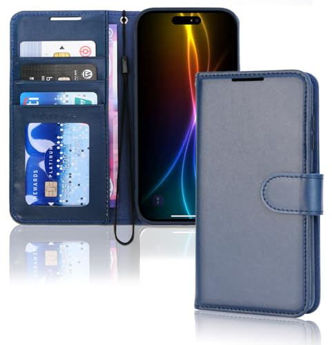 TECHGEAR iPhone 17 Leather Wallet Case with RFID Blocking, Flip Cover with Card & Cash Holder, Kickstand, Wrist Strap, Magnetic Closure - Blue PU Leather for iPhone 17 6.3