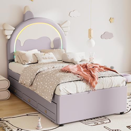 BXEYXE 90 x 200 cm Cuna de dibujos animados. Forma de unicornio. Equipada con cama enrollable extensible. Material de PU. Violeta