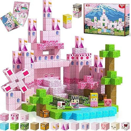 MEESHEEP Magnetiska byggstenar rosa lås, bygg exakt de visade modellerna | STEM Montessori-leksaker för flickor (3–10 år) | Främjar kreativitet, fantasi och självförtroende | kan förvaras
