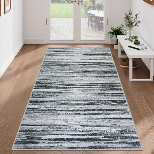 VSIWB Grau Teppich Läufer Flur 80x150 cm, rutschfest, weich, waschbar, Kunstwolle Kurzflor Küchenläufer, modern abstrakt für Wohnzimmer, Schlafzimmer, Diele, Eingang und Waschküche