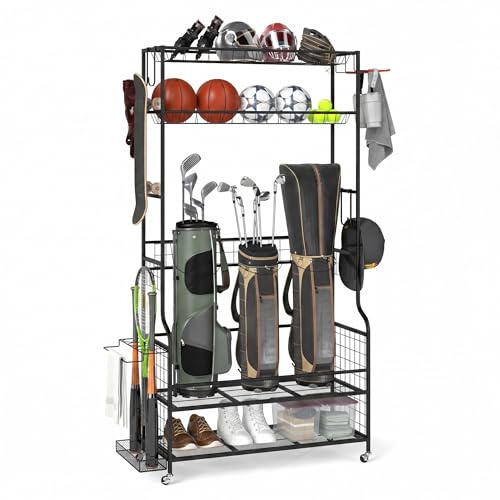 GYMAX Golf Organizer, Golftaschen Organizer für 2 Golfbags & Zubehör, Golfregal für Aufbewahrung mit Haken, Korb & Räder, Golftaschenhalter für Garage & Keller