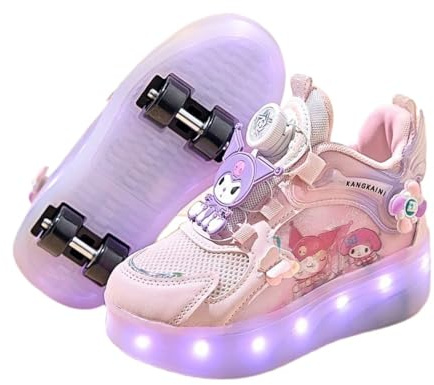 HWBACLSFA Patins à roulettes LED pour Enfants Mignons de Dessin animé, Chaussures de Patin à Quatre Roues réglables pour Filles, Chaussures de Course Lumineuses,Rose,27 EU