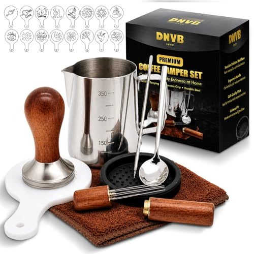DNVB SHOP Premium 8-in-1 Coffee Tamper Set - 51mm Stainless Steel Espresso Tamper, WDT Tool & 350ml Milk Frothing Pitcher - Complete Barista Coffee Machine Accessories & Tamper Station Mat