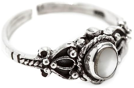 Windalf Medieval Zehenring PERLA 8 mm Weißer Stein Midi-Ring Vintage 925 Sterlingsilber