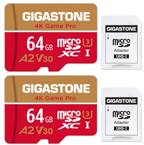 Gigastone 4K Game Pro 64GB MicroSDXC Speicherkarte 2er-Pack und SD-Adapter mit A2 App-Leistung bis zu 95MB/s für 4K Videoaufnahme, Kompatibel mit Switch, Micro SD Karte UHS-I U3 V30 Klasse 10