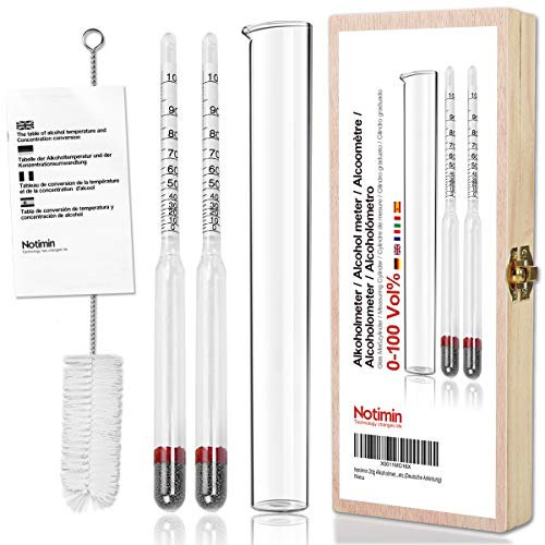 Notimin Medidor de alcohol 2pcs Hidrómetro de Alcohol Set de Densímetros 0-100Vol% + cilindro de vidrio especial, para licores/licores destilados etc (Manual en español,Sin termómetro)