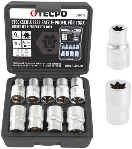 TECPO Torx Steckschlüssel Satz 9-tlg. Außentorx E10-E24 Stecknüsse E-Profil Set 1/2 Zoll Außen Nüsse Steckschlüsseleinsätze