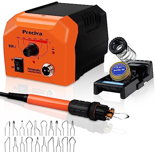 Brandmalstation, Preciva Brennkolben Set mit 20-teilig Spitzen, Brandmalerei Set Bastelset Lötstation Lötkolben Set Temperatur Einstellbar 250℃ - 750 ℃, Brandmalkolben für Holz, Leder und Kork