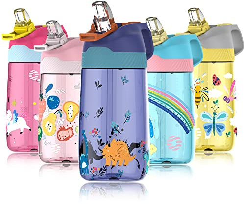 Fjbottle Borraccia Bambini con Cannuccia 450ml, Tritan - Senza BPA/Senza Perdite, Bottiglia Acqua trasparente Plastica riutilizzabile, scuola, asilo - Leggera e Robusta