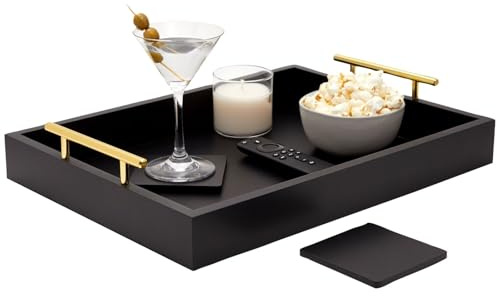 Black Serving Tray for Coffee Table, 16x12 with Coasters, Decorative Interchangeable Gold andSilver Handles