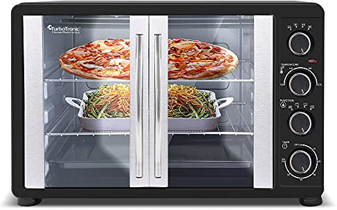 TurboTronic - Mini horno con recirculación de aire, 45 l, negro, 2000 W, pincho giratorio, temporizador, mini horno para pizza, bandeja de horneado, iluminación interior