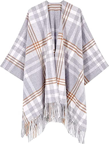 HIKARO Damen Schal Wrap Open Front Poncho Cape Plaid Quaste Decke Cardigans Mantel für Frühling Herbst Winter