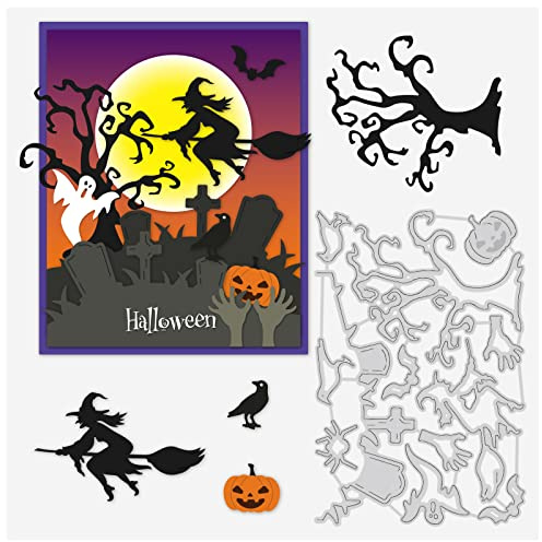 BENECREAT Stanzformen zum Thema Halloween, 10x16 cm Raben-Kürbis-Geist-Hexen-Besen-Prägeformen für Halloween-Sammelalbum-Karten, Die DIY-Bastel-Gefälligkeiten Herstellen, 0.8 mm Dick