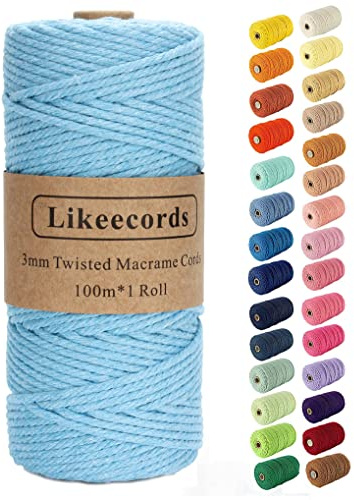 Likeecords Makramee-Schnur, 3 mm x 110 Yards, farbiges Makramee-Seil, Baumwollseil, Makramee-Garn, Bunte Baumwollschnur, zum Aufhängen von Pflanzen, zum Basteln, Stricken (hellblau)