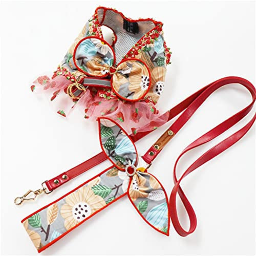 YANYUESHOP Mit Blumen bedrucktes Hundekleid-Geschirr-Leine-Set Designer-kleine mittelgroße Hundegeschirr-Weste-Kragen-Leinen für Chihuahua-Welpen-Haustier