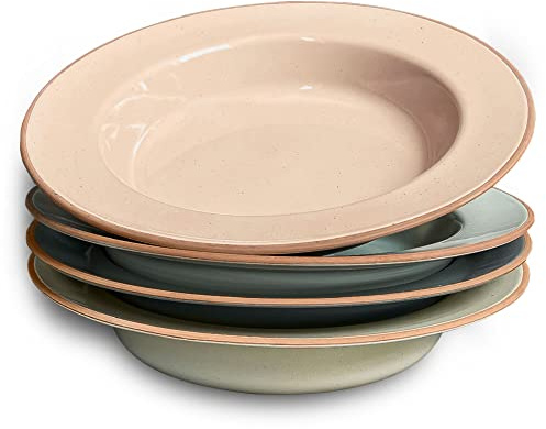 Mora Ceramic Wide Rimmed Soup Bowl 25oz, Set of 4 - For Pasta, Italian, Spaghetti, Dipping Bread, Fancy Dinner etc. Large Plate/Bowls Hybrid For Everyday & Restaurant Use, Flat Rim - Assorted Neutrals