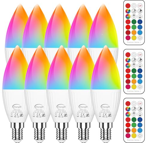 ChangM Juego de 10 bombillas LED E14 RGBW 5700K, cambio de color, 5W (Equivalente a 40W), intensidad regulable, cambio de color con mando a distancia, RGB y Blanco Frío 5700K