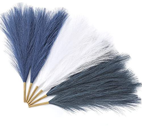 Serwalin 6 Künstliche Pampasgras Dekor 45cm Blau - Kleine Weiße Faux Blaue Federn für Vase Füller - Gefälschte Pflanze Blumen für Wohnzimmer Bad Tisch Centerpiece