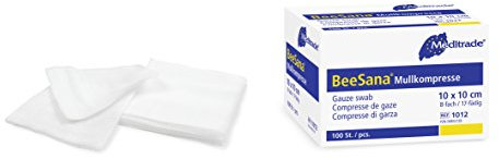 Meditrade Beesana Mullkompressen weiß 5cm x 5cm | 100 Stück | Mullkompressen zum Auflegen auf die Haut | Können zur Wundversorgung von oberflächlichen Hautverletzungen beitragen