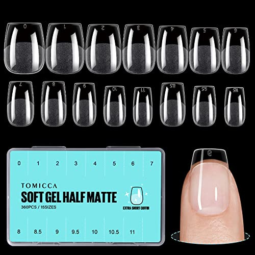 TOMICCA Coffin Shaped Short Nail Tips - 360PCS Half Matte Soft Gel, No File Needed- Full Cover False Nails, Clear Acrylic & Strong Tips for Press On Extension - 15 Sizes