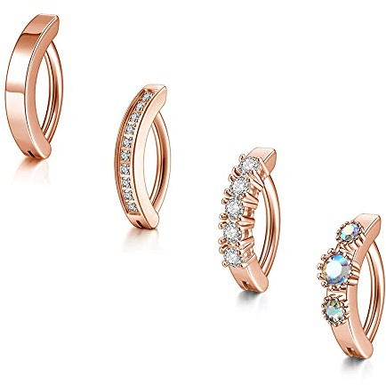 PiercingJak 4er 14G Clicker Piercing Bauchnabelpiercing Silber Rosegold Chirurgenstahl CZ Bauchnabel Ring 10mm Nabelpiercing Barbell Körper Schmuck für Frauen Mann
