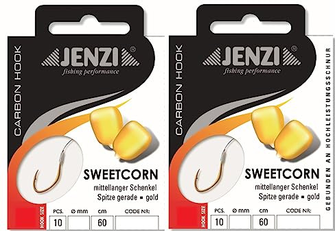 Set: 2 Packungen gebundene Mais-Haken Karpfen von Jenzi, Allroundhaken,(20 Stück) an Mono Schnur 60cm Hakengröße 6, 8, 10, 12 Vorfach fertig + gratis Petri Heil! Aufkleber