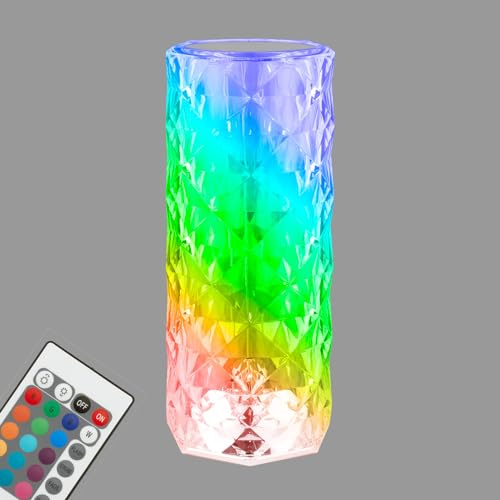BRILONER – Nachttischlampe akku, Tischlampe kabellos, LED Lampe RGB mit Fernbedienung, Kristall Tischleuchte touch, Camping Leselampe, Transparent, USB-C Kabel, 215x90mm (HxD)