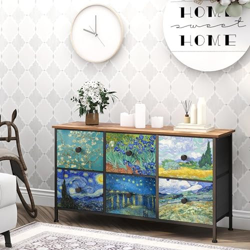 VEDECASA Kleine Kommode mit 6 Schubladen Kommode für Schlafzimmer Van Gogh Schubladenkommode Aufbewahrungsturm für Wohnzimmer Schlafzimmer Flur Büro Metallrahmen Holzplatte Stoffkommode