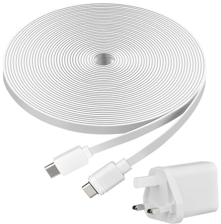 VIEWZONE Power Charge Cable Compatible with ring Spotlight Cam Plus(Battery) and Spotlight Cam Pro(Battery), 6 Metres Charge Cable with Charge Adapter to Power Camera Continuously, White, 1-PACK