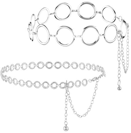 Kettengürtel 2 Stücke Silber Damen Taillenkette aus Metall Einstellbar Body Link Gürtel Kreisverkehr Taillengürtel für Jeanskleider