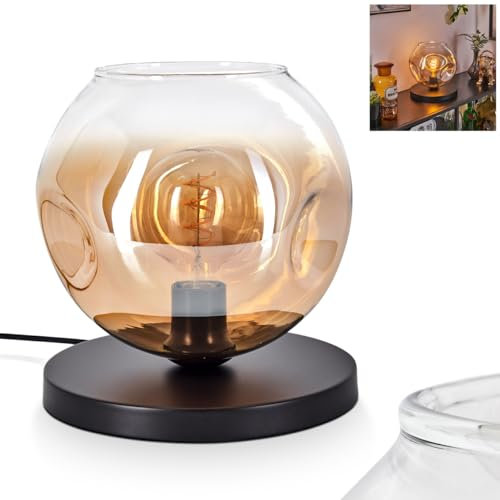 Tischleuchte Ripoll, Tischlampe aus Metall/Glas in Schwarz/Bernstein/Klar, Leuchte im modernen Retro/Vintage-Design mit Schirm aus Glas (Ø 25 cm) u. An/-Auschalter am Kabel, 1 x E27, ohne Leuchtmittel