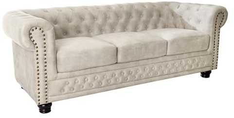 3-Sitzer Sofa CHESTERFIELD - 200cm - champagner beige - Samt - Federkern | Taschenfederkern, Nosagfederung, Knopfheftung, Ziernieten, Rundum-Bezug, englischer Stil, pflegeleicht