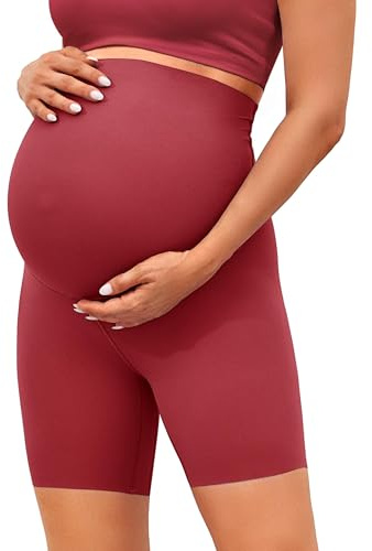 BAYDI Clouduxi gravidleggings kort hög midja mammabyxor sommar ogenomskinliga graviditetsleggings bekväm mammans cykelbyxor 15 cm, Granatros, XL