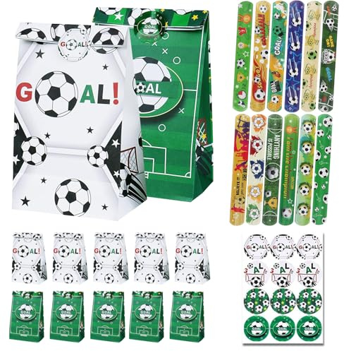 12 Fußball Papiertüten Geburtstagstüten Aus Kraftpapier, Aufkleber-Set | Grün-Weißes Design, Zwölf Armbänder Beiliegend, Kompakt Lagerbar, Leicht Tragbar, für Süßigkeiten, Geschenke und Partys