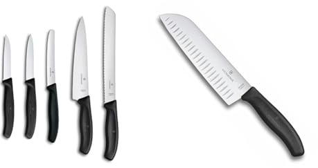 Victorinox Swiss Classic Kitchen Set, 5 Pieces, Black & 17 cm Swiss Classic Fluted Edge Santoku Knife in Blister Pack, Black