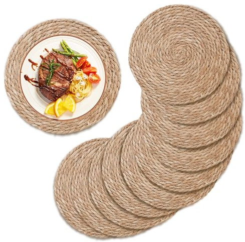 Round Placemats Set of 10, 12.5 Boho Rattan Chargers for Dinner Plates, Natural Handwoven Water Hyacinth Placemats, Farmhouse Rustic Place Mats, Braided Wicker Table Mats for Dining Table
