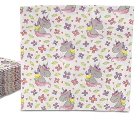 ECOFIESTA 60x Einhorn Servietten Kindergeburtstag rosa 33 x 33 cm - Geburtstagsservietten saugfähig - Papierservietten, Partygeschirr Einhorn Deko Kindergeburtstag