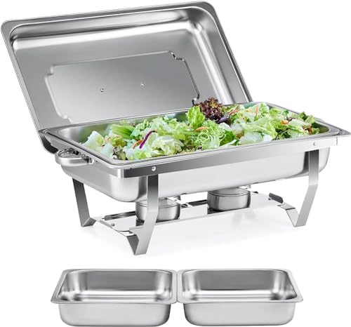 MantraRaj Chafing Dish Buffet Set 9L Chafer for Catering 2 Half Size Food Pans Fuel Holders Lid Foldable Frame Food Grade Stainless Steel Food Warmer for Parties Buffets Banquets Dinners Warming Tray