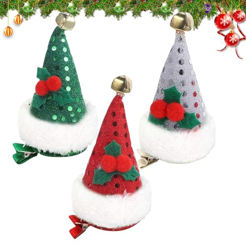 SOETDERT Haarspange Weihnachten, 3 Stück Mini Weihnachtsmütze Haarspange, Glitzer Nikolausmütze Haarschmuck Weihnachten, Weihnachts Hut Haarspangen Haar Accessoires für Mädchen Damen