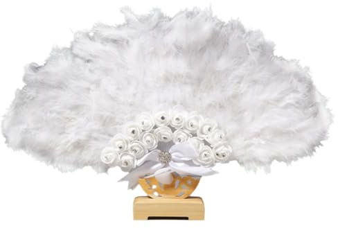 Hrlace White Feather Fan Folding Fan Elegant Bridal Hand Fan Wedding Dance Fan with Feathers Retro Flowers Rhinestones Women's Fan Ribbon Fan for Christmas, Birthday, Party, 1 Piece Style 2