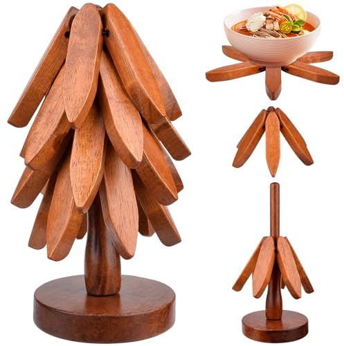 Untersetzer Baum, 4 Stück Untersetzer Holz mit Ständer, Wooden Tree Coaster Set, Faltbare Topfuntersetzer Holz Holzuntersetzer für Heiße Gerichte, Küche Geschenk Home Ornamente