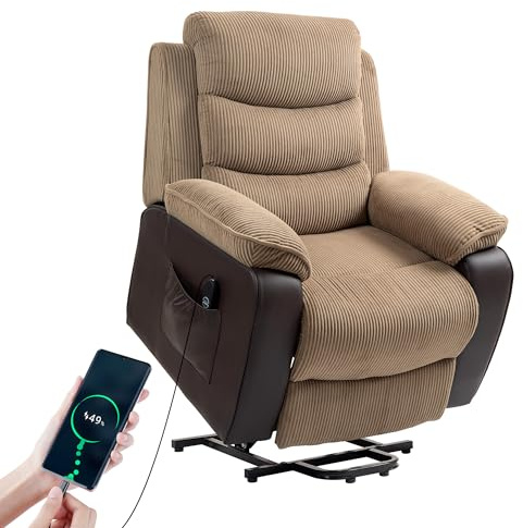 HOMCOM Riser Recliner Chair for Elderly, Corduroy Electric Power Lift Chair with Patchwork Design, Wide Seat, High Back, USB Port, 2 Side Pockets, Remote, Lift Armchair for Living Room, Brown