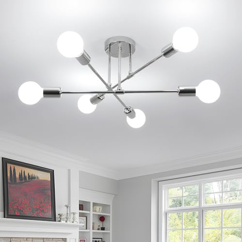 Comely Moderne Sputnik Kronleuchter 6 Flammig Deckenleuchte E27, Chrom | Industrielle Deckenlampe aus Metall für Wohnzimmer Esszimmer Schlafzimmer Küche