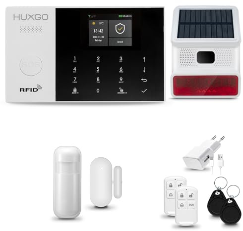 HUXGO® HXA005 Sistema di allarme casa senza fili con radio Sirena esterna solare WiFi + GSM 4G | Impianto allarme casa kit con 1x sensori di allarme per finestre/portes, 1x rilevatori di movimento