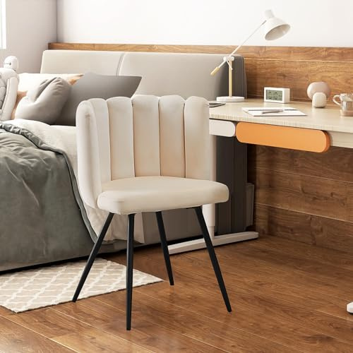 TUKAILAi Velvet Accent Chair, Upholstered Seat Tub Chair with Petal Design Back and Metal Legs, Bedroom Vanity Stool for Home Dressing Dining Room Lounge (Cream)