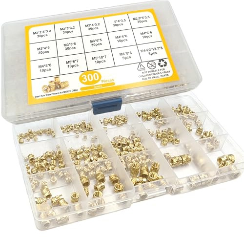 Lot de 300 écrous en laiton pour impression 3D, 15 tailles d'inserts filetés, insertions de chaleur pour plastique - Kit d'assortiment d'écrous rainurés métriques pour composants d'impression 3D