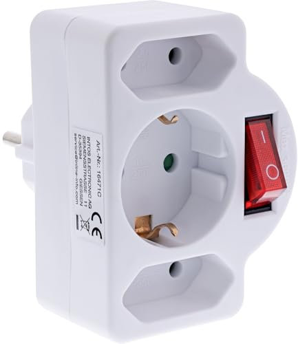 InLine 16471C - Adattatore per presa elettrica con interruttore, 2 Euro + 1 presa con contatto di protezione, protezione da contatto, colore: Bianco