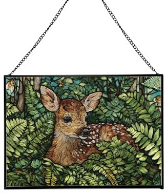 Baby Deer with Ferns Stained Glass Suncatcher – Rectangular Hanging Window Panel with Artistic Scene – Decorative Glass Art Gift for Nature, Fantasy, Travel-Inspired Home Décor OWN5W9