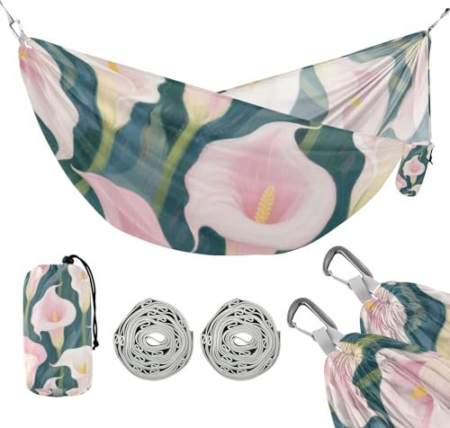 Lys calla blanc et rose capacité de 150 kg Hamacs de camping avec sangles d'arbre Hamac suspendu pour extérieur, terrasse, jardin, piscine, accessoires pour campamento